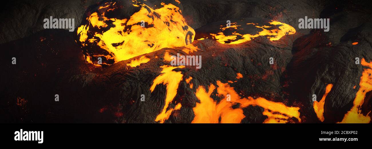 champ de lave, flux de magma enflammé, paysage fondu Banque D'Images