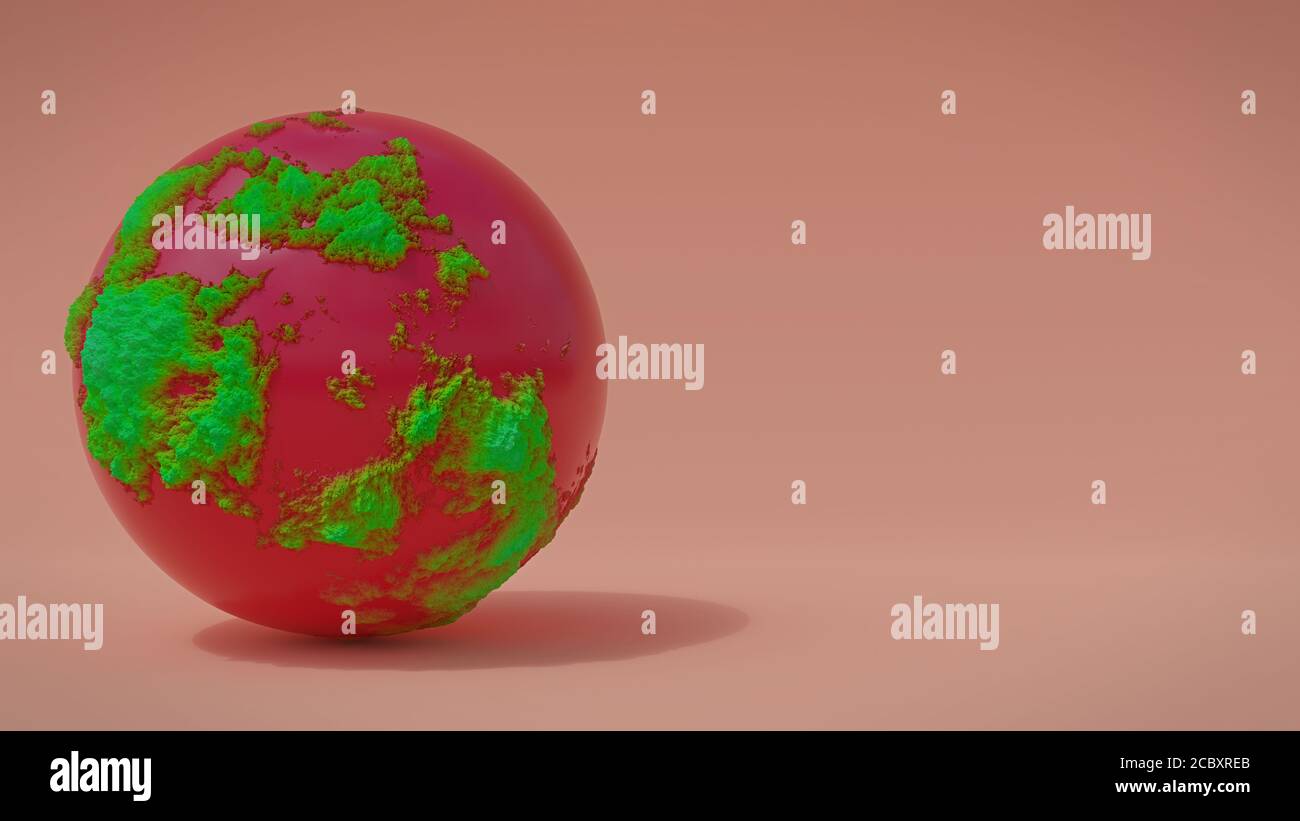 sphère rouge abstraite sur fond orange, boule recouverte de matières organiques vertes dans un espace vide Banque D'Images