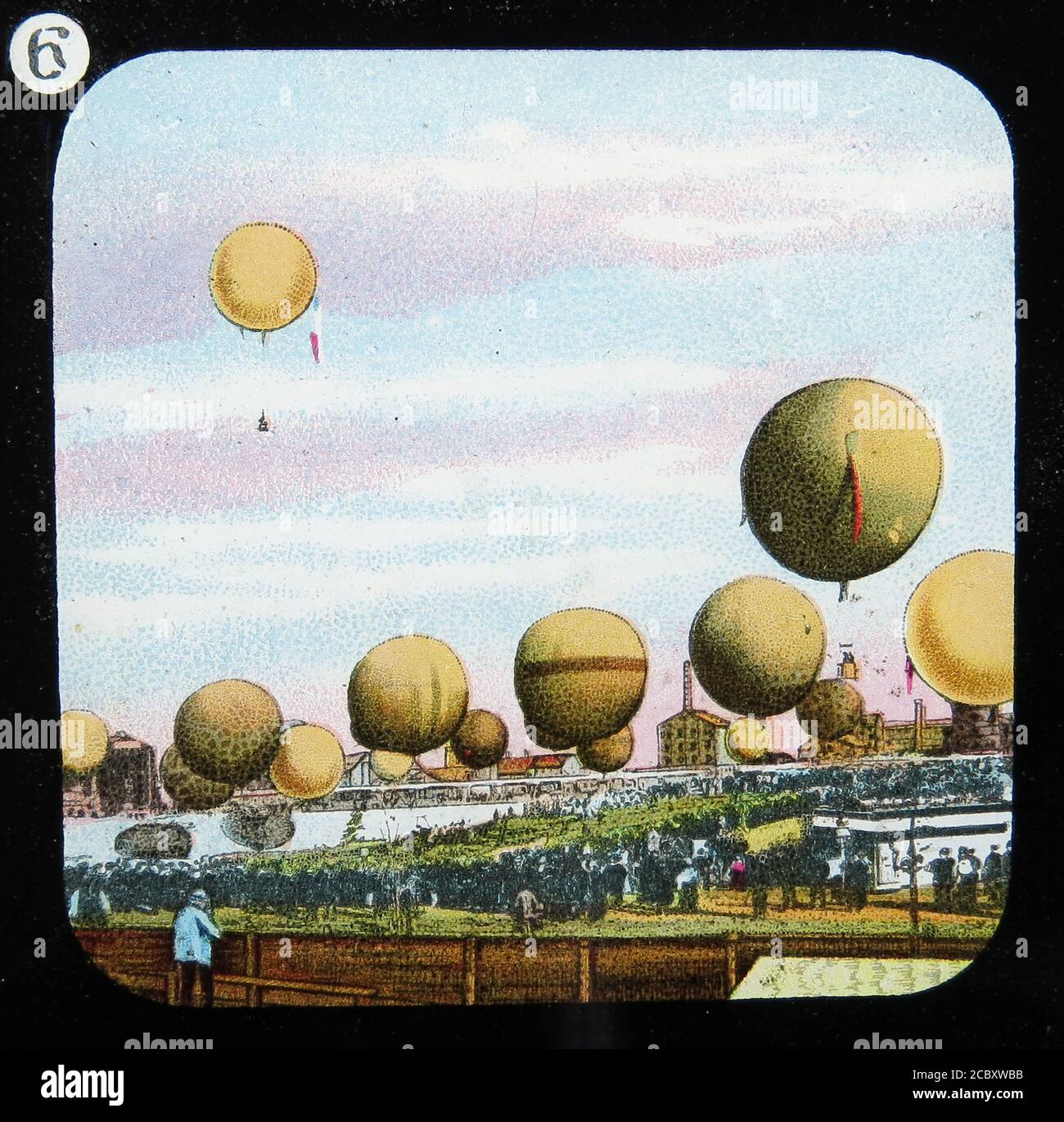 Une diapositive magique de lanterne intitulée « Gordon-Bennett Race », représentant la célèbre course de ballons à gaz. De la série “The Conquest of the Air” publiée par W. Butcher & Sons, Londres vers 1910. Banque D'Images