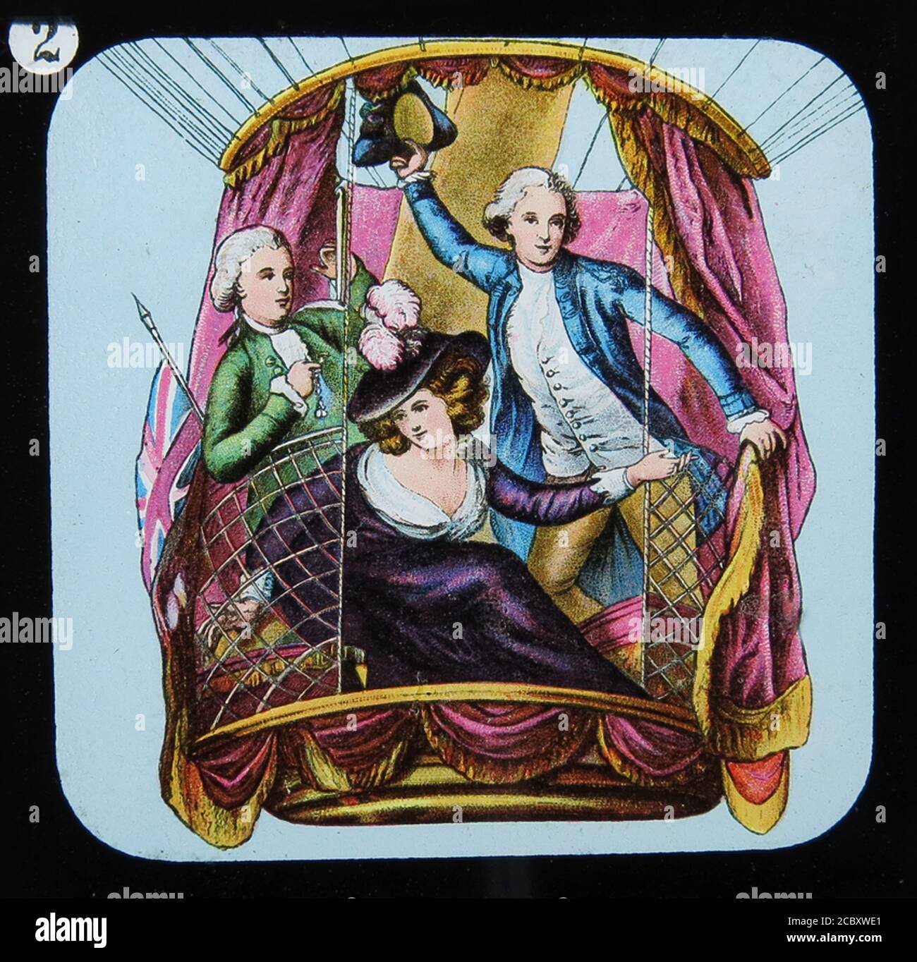 Une diapositive de lanterne magique intitulée « Lunardi & Mrs Sage », représentant Mme Letitia Ann Sage, la première femme britannique à voler, faisant son ascension le 29 juin 1785 dans le ballon de Vincenzo Lunardi des champs de St George à Londres. De la série “The Conquest of the Air” publiée par W. Butcher & Sons, Londres vers 1910. Banque D'Images