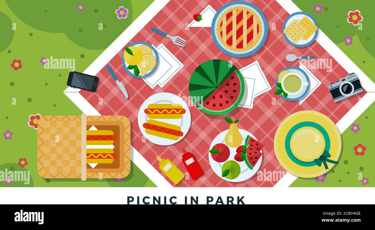 Pique-nique d'été sur fond de carte panier de parc. Composé de cupcakes, fruits et sandwichs vector plat illustration Illustration de Vecteur