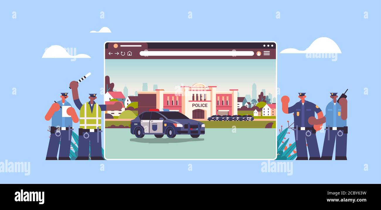 mélangez les policiers près du poste de police numérique de la ville avec voiture de police dans la fenêtre de navigateur web horizontale pleine longueur illustration vectorielle Illustration de Vecteur