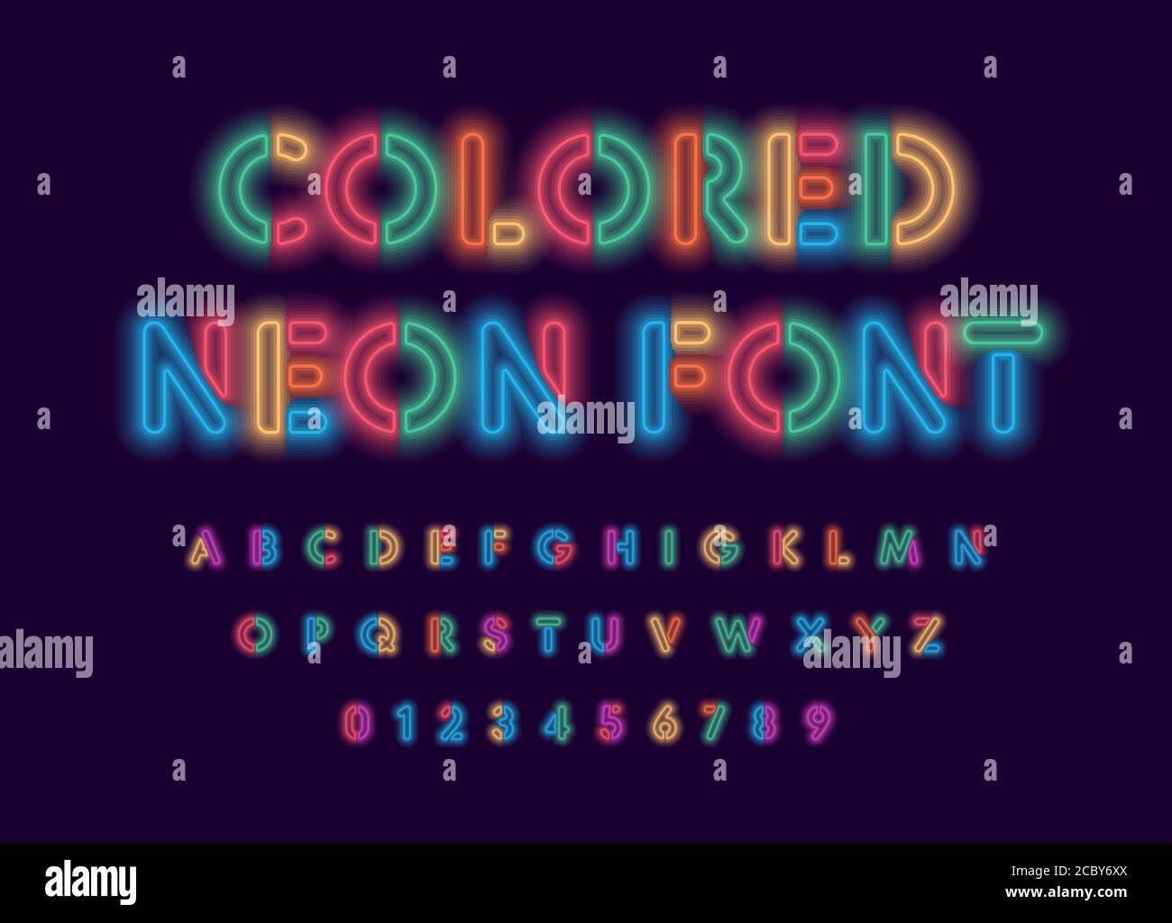 Police fluo colorée, lettres et chiffres colorés avec un fond noir phosphorescent. Jeu de lumières fluorescentes pour le divertissement Illustration de Vecteur