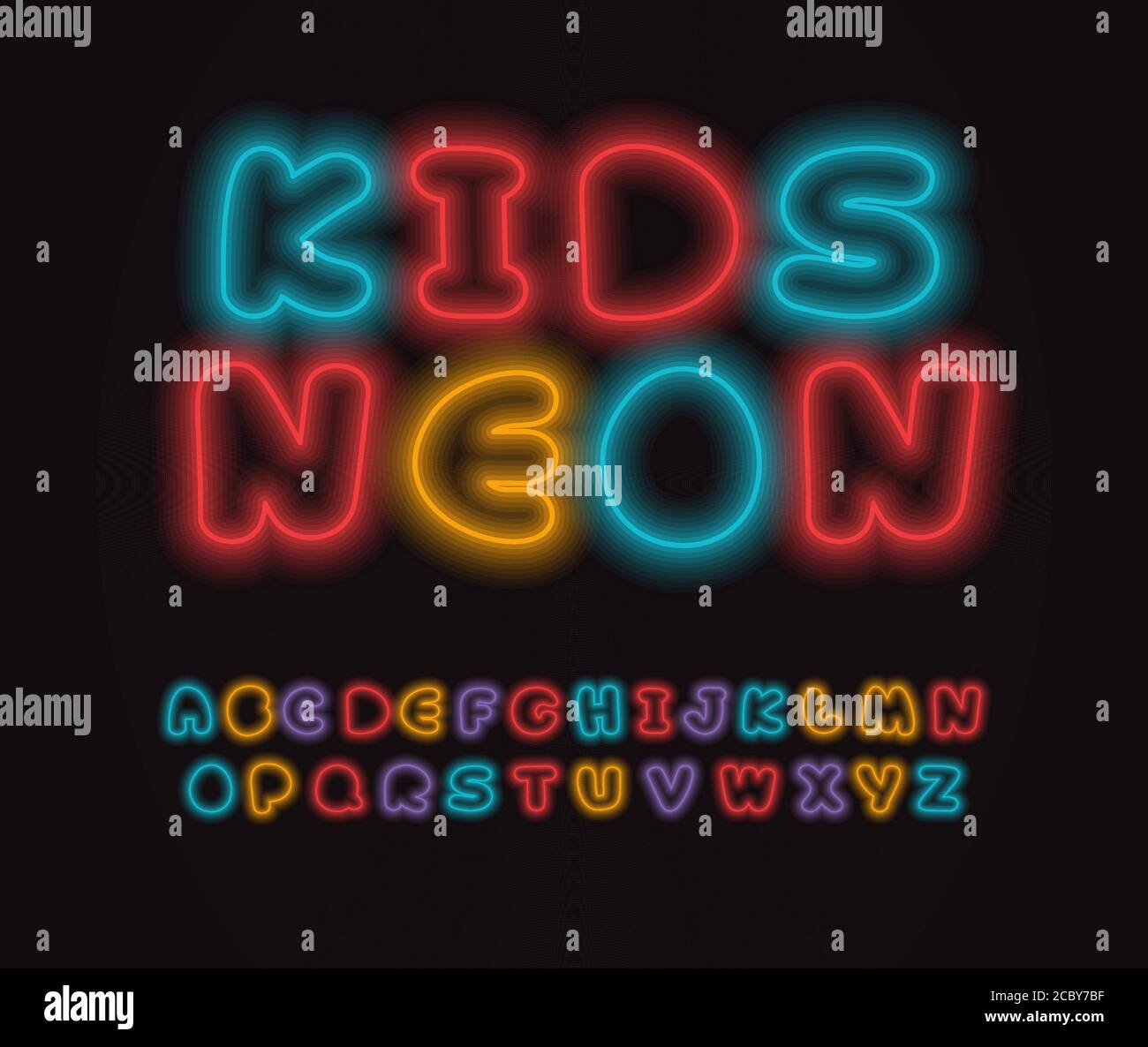 Police fluo colorée, lettres et chiffres colorés avec un fond noir phosphorescent. Jeu de lumières fluorescentes pour le divertissement Illustration de Vecteur