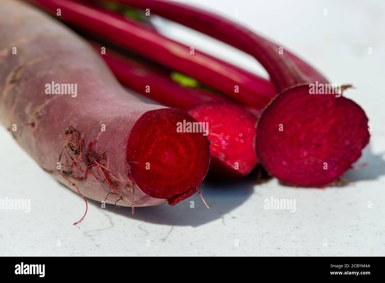 Les betteraves Cylindra sont de couleur rouge vif avec un fond blanc. La tête de la betterave a été récemment coupée et le légume a un riche jus rouge. Banque D'Images