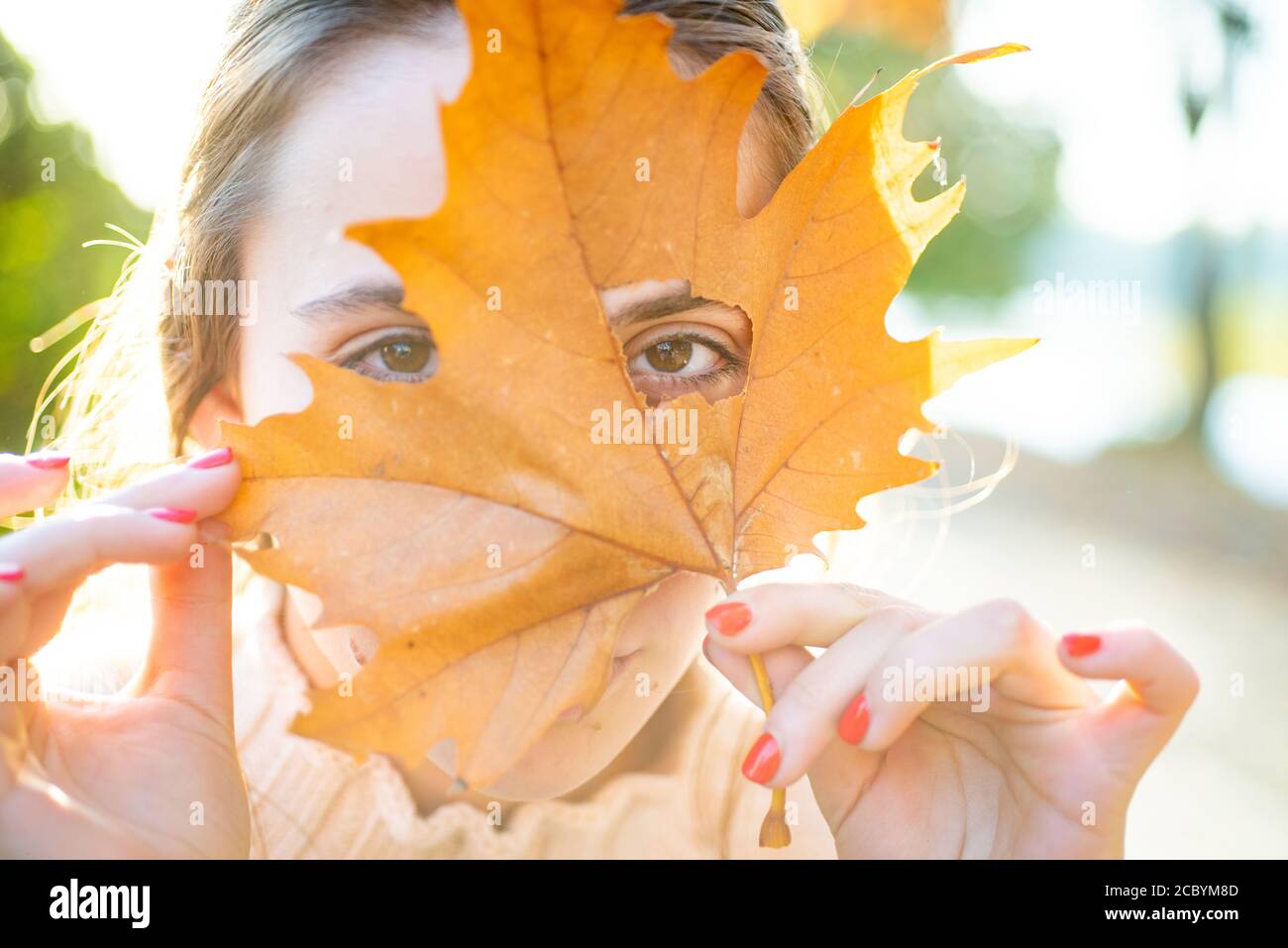 Drôle de femme dans le parc d'automne. La fille couvre ses yeux avec une  feuille d'érable jaune. Jolie femme jouant avec des feuilles d'érable à  l'extérieur. Portrait d'automne Photo Stock - Alamy