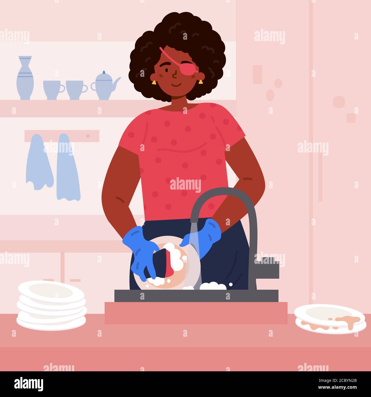 Femme invalide aveugle avec bandage lave vaisselle Illustration de Vecteur