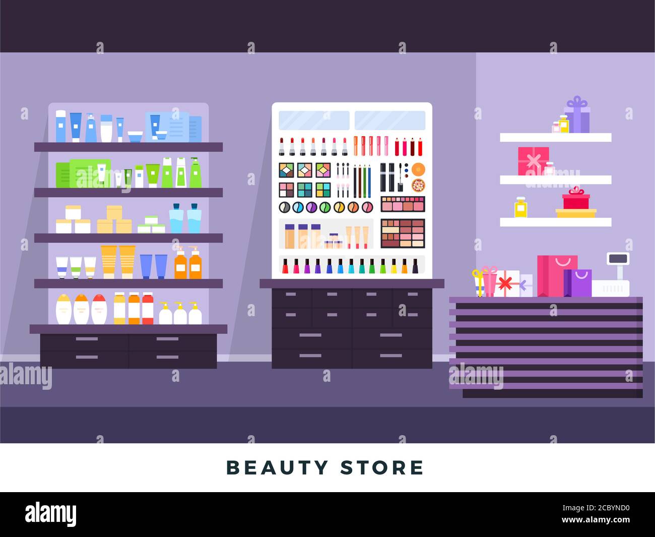 Intérieur de magasin de cosmétiques avec objets de maquillage, magasins, magasin de beauté, produits cosmétiques, santé et beauté avec des produits sur les étagères. Ensemble de plan vectoriel Illustration de Vecteur