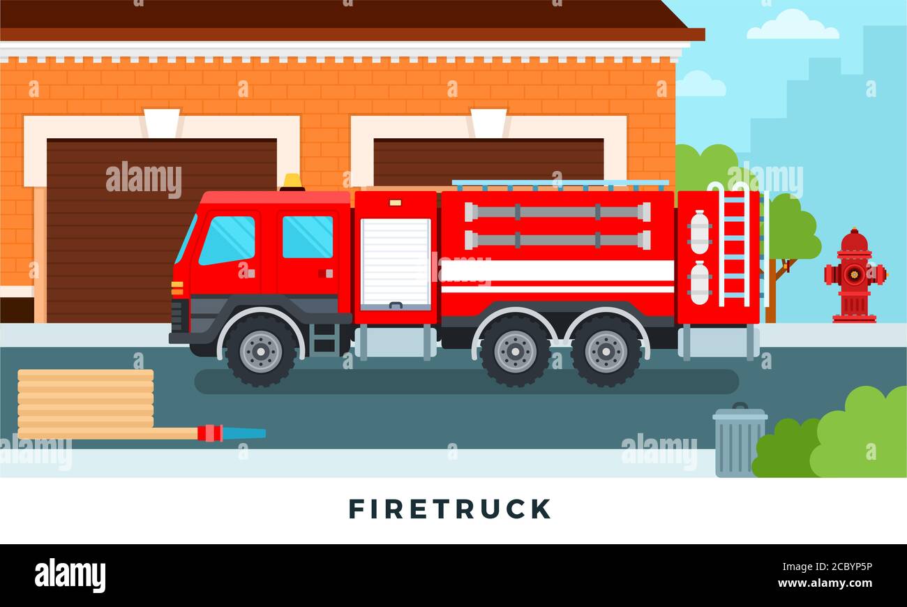 Tirer le véhicule de secours du chariot à moteur dans l'illustration moderne du jeu de méplats Vector. Personnel et pompiers devant la gare Illustration de Vecteur