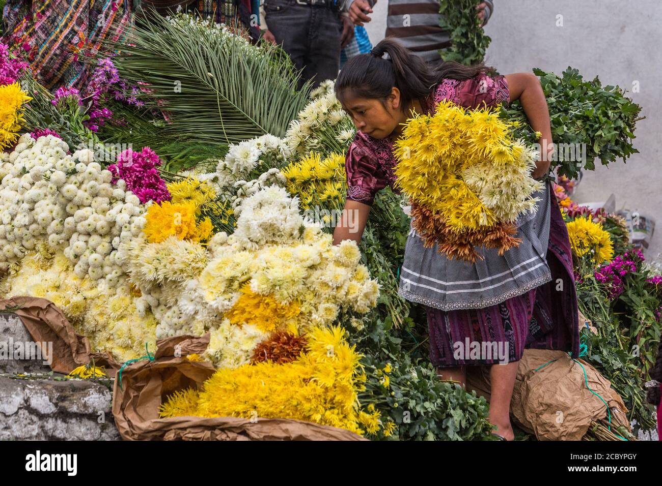 Une femme maya Quiche vend des fleurs sur le marché des fleurs sur les marches mayas pré-hispanique devant l'église de Santo Tomas à Chichichastenango, Gua Banque D'Images