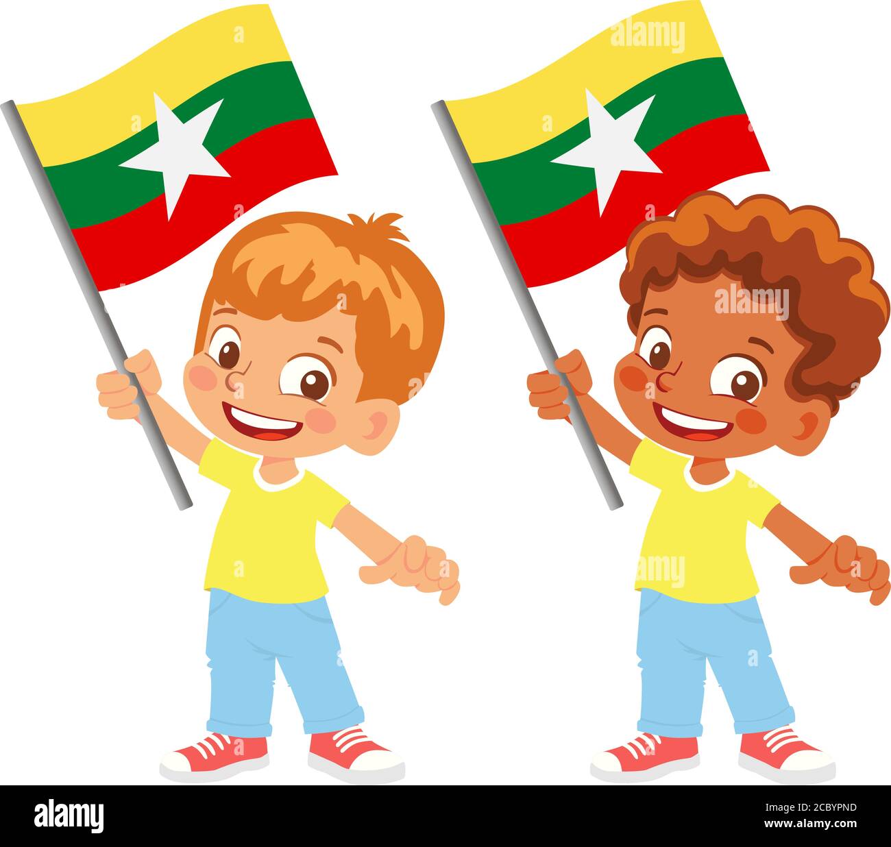 Drapeau du Myanmar en main. Drapeau de retenue des enfants. Drapeau national du Myanmar vecteur Illustration de Vecteur