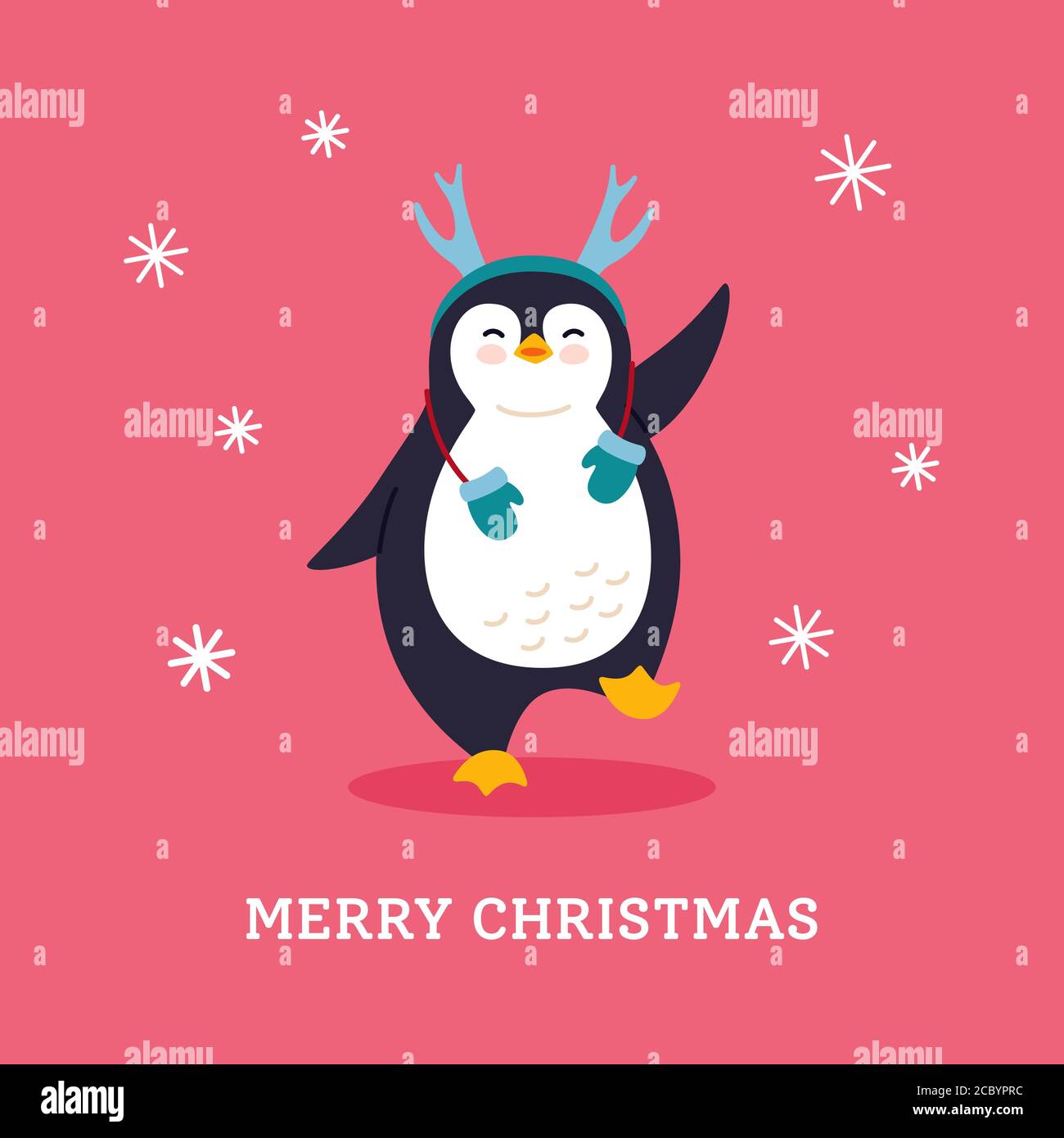 Carte postale des vacances d'hiver, caricature de pingouin saluant Joyeux Noël. Drôle joyeux nouvel an animal caractère hiver. Jolie carte plate main dessiner bannière pingouin. Illustration vectorielle isolée Illustration de Vecteur