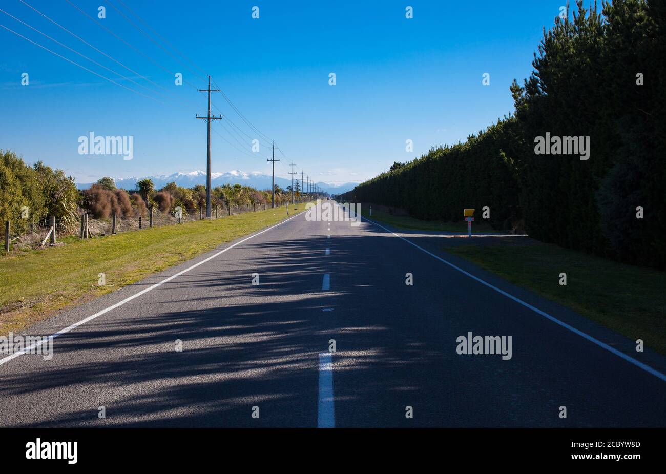 Scènes de campagne en Nouvelle-Zélande : routes droites et plates de Canterbury. Banque D'Images