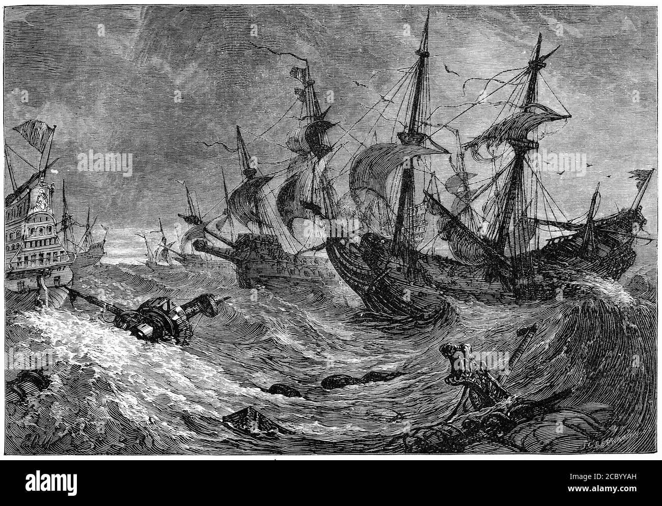 Gravure de l'Armada espagnole diffusée dans la tempête, 1588, illustration de 'l'histoire du protestantisme' par James Aitken Wylie (1808-1890), pub. 1878 Banque D'Images