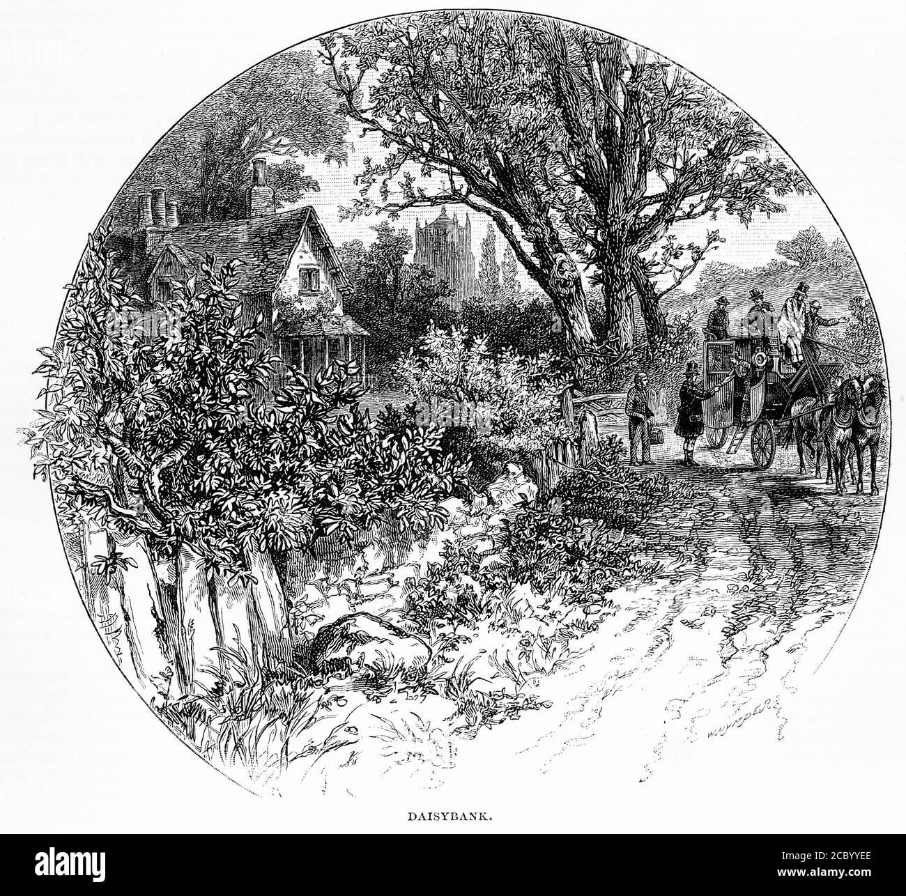 Gravure d'un stagecoach ramassant des passagers dans une zone rurale Réglage de l'anglais Banque D'Images