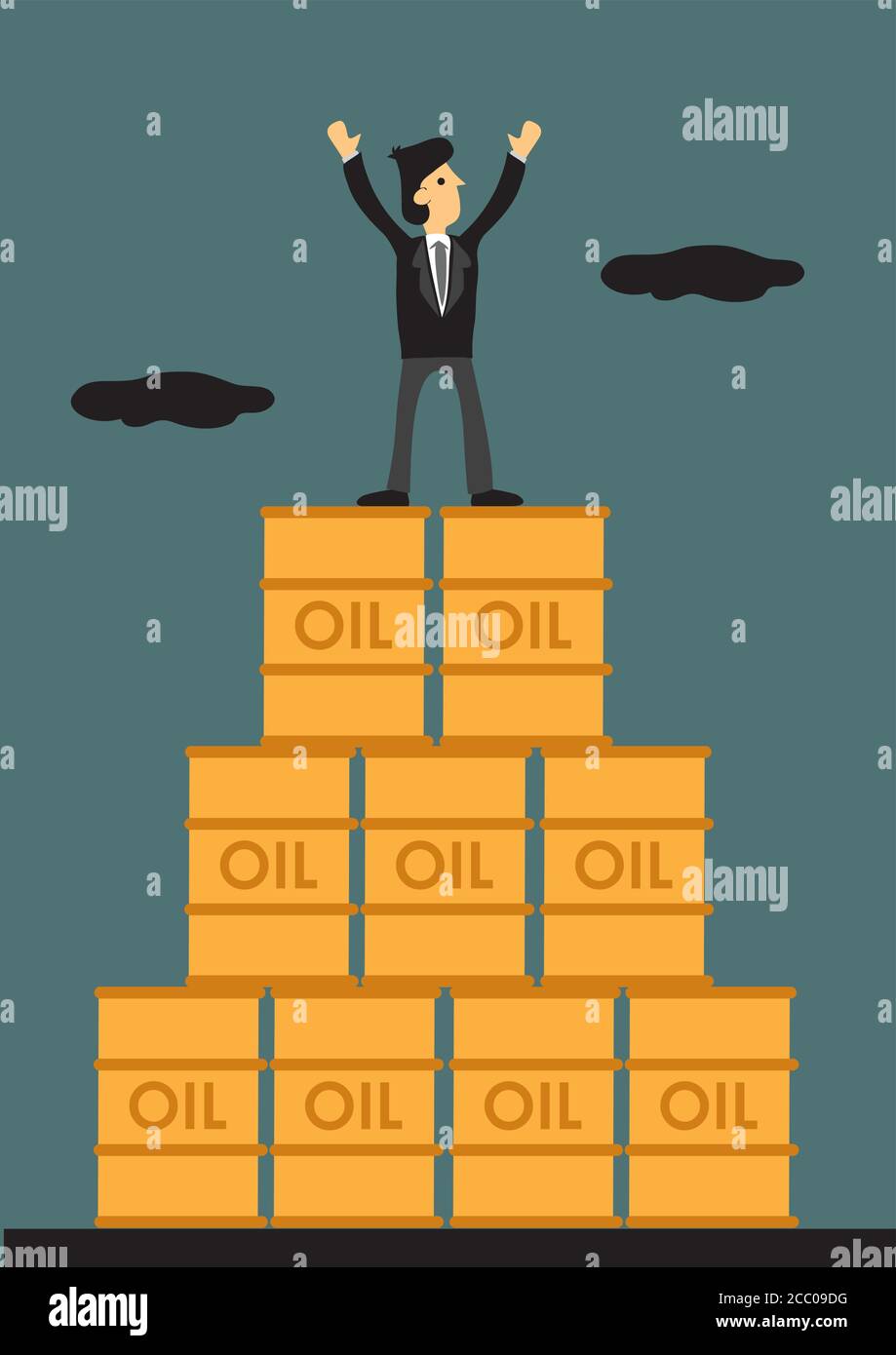 Illustration vectorielle d'un homme d'affaires de dessin animé debout sur la pile de baril de pétrole avec les deux bras relevés. Illustration de Vecteur