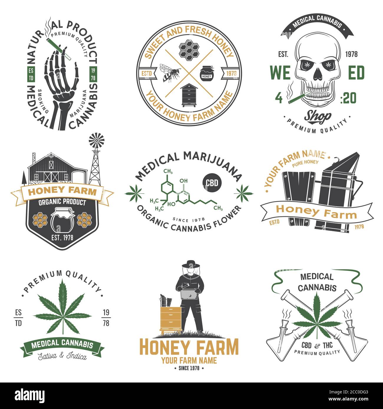 Ensemble de porte-nom de la ferme des abeilles domestiques et du magasin de cannabis médical. Illustration vectorielle. Concept pour chemise, imprimé, timbre ou tee-shirt. Conception pour la ferme d'abeilles de miel, magasin de mauvaises herbes, livraison de marijuana Illustration de Vecteur