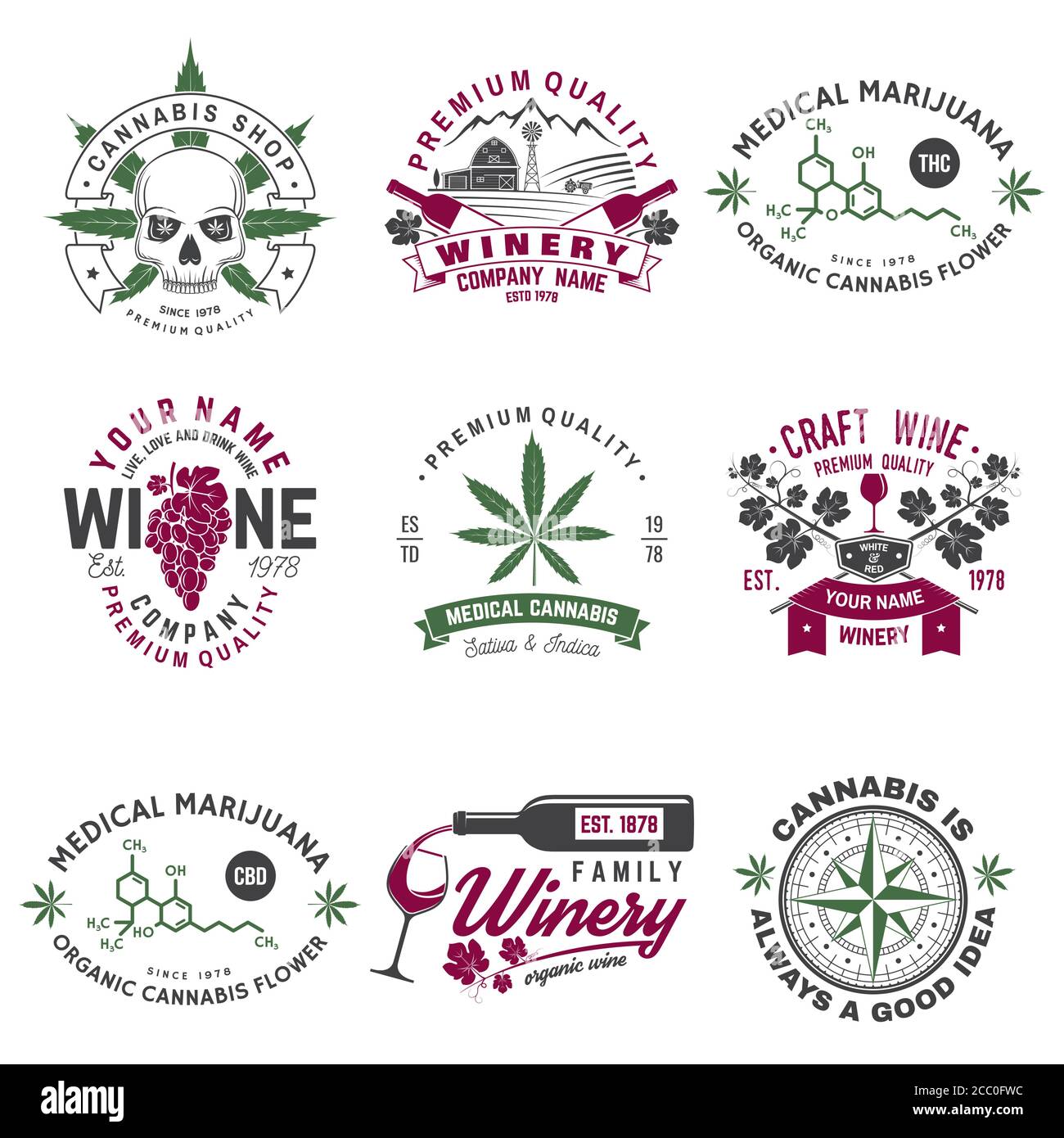 Ensemble de l'insigne de la compagnie de vin et du magasin de cannabis médical. Illustration vectorielle. Concept pour chemise, imprimé, timbre ou tee-shirt. Design pour la société vinicole, bar, pub, magasin de mauvaises herbes, livraison de marijuana Illustration de Vecteur