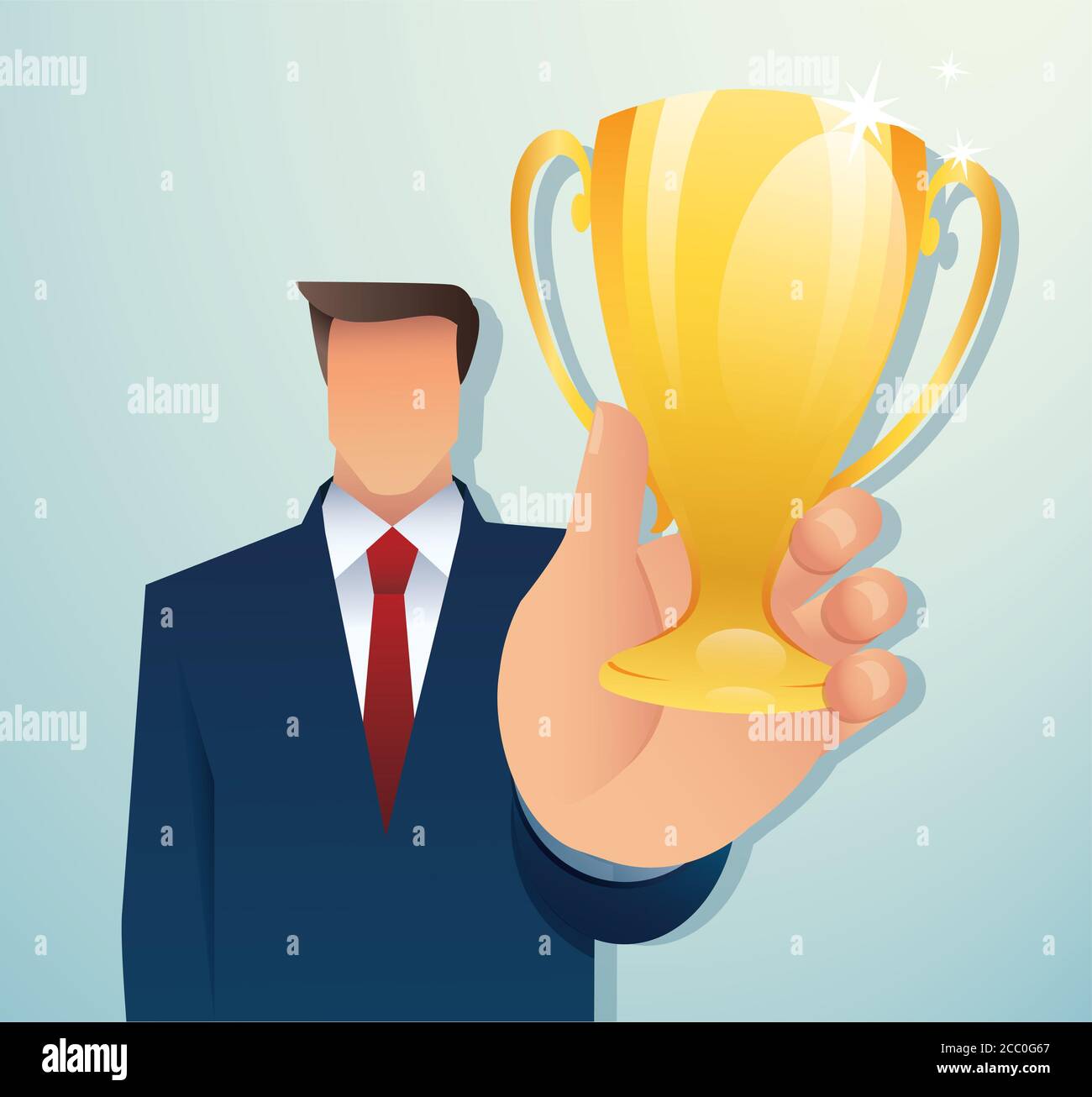Homme d'affaires tenant le trophée d'or. Concept de victoire et de réussite Banque D'Images