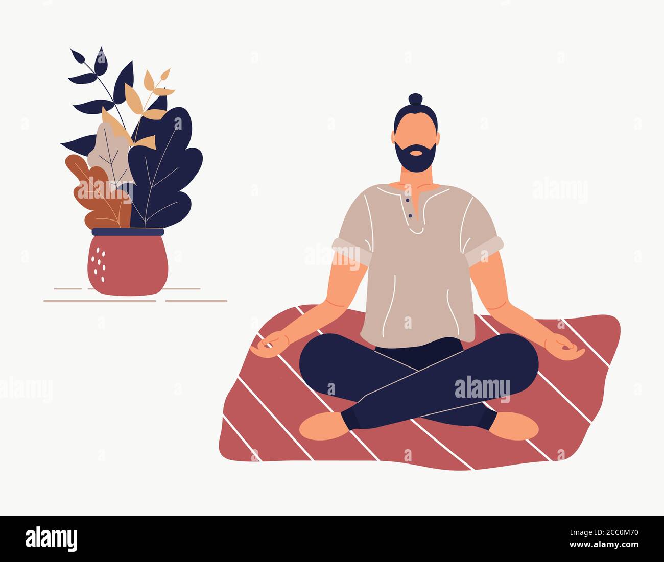 Hipster homme assis avec ses jambes croisées sur le sol et méditant. Jeune homme dans la posture de yoga faire de la méditation, pratique de pleine conscience, Illustration de Vecteur