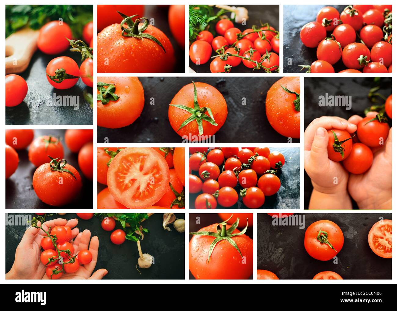 Collage de tomates cerises. Tomates dans les mains, sur fond sombre. Placer  pour le texte. Collage alimentaire. Tomates rouges mûres Photo Stock - Alamy
