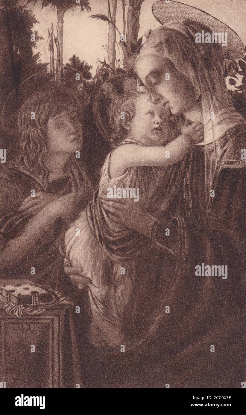 Carte postale ancienne de Virgin and Child et Saint John -Sandro Botticelli. Banque D'Images