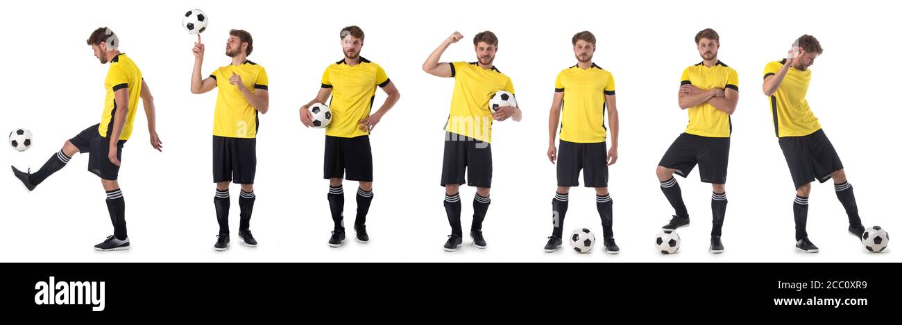 Ensemble photo de joueur de football en uniforme jaune et noir avec ballon isolé sur fond blanc, collection de design de football Banque D'Images