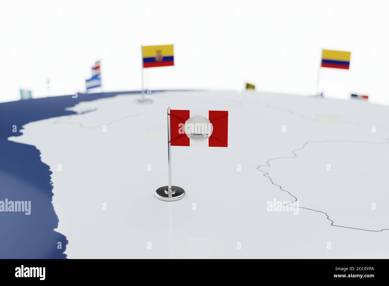 Coronavirus médical masque chirurgical sur le drapeau national péruvien. Maladie, pandémie, virus covid-19 au Pérou, concept 3d rendu illustration Banque D'Images