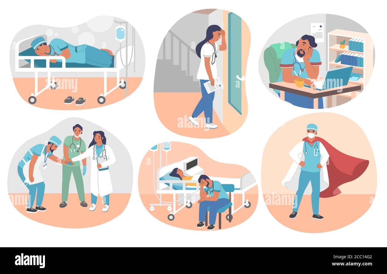 Médecins fatigués surtravaillés, illustration vectorielle isolée à plat Illustration de Vecteur