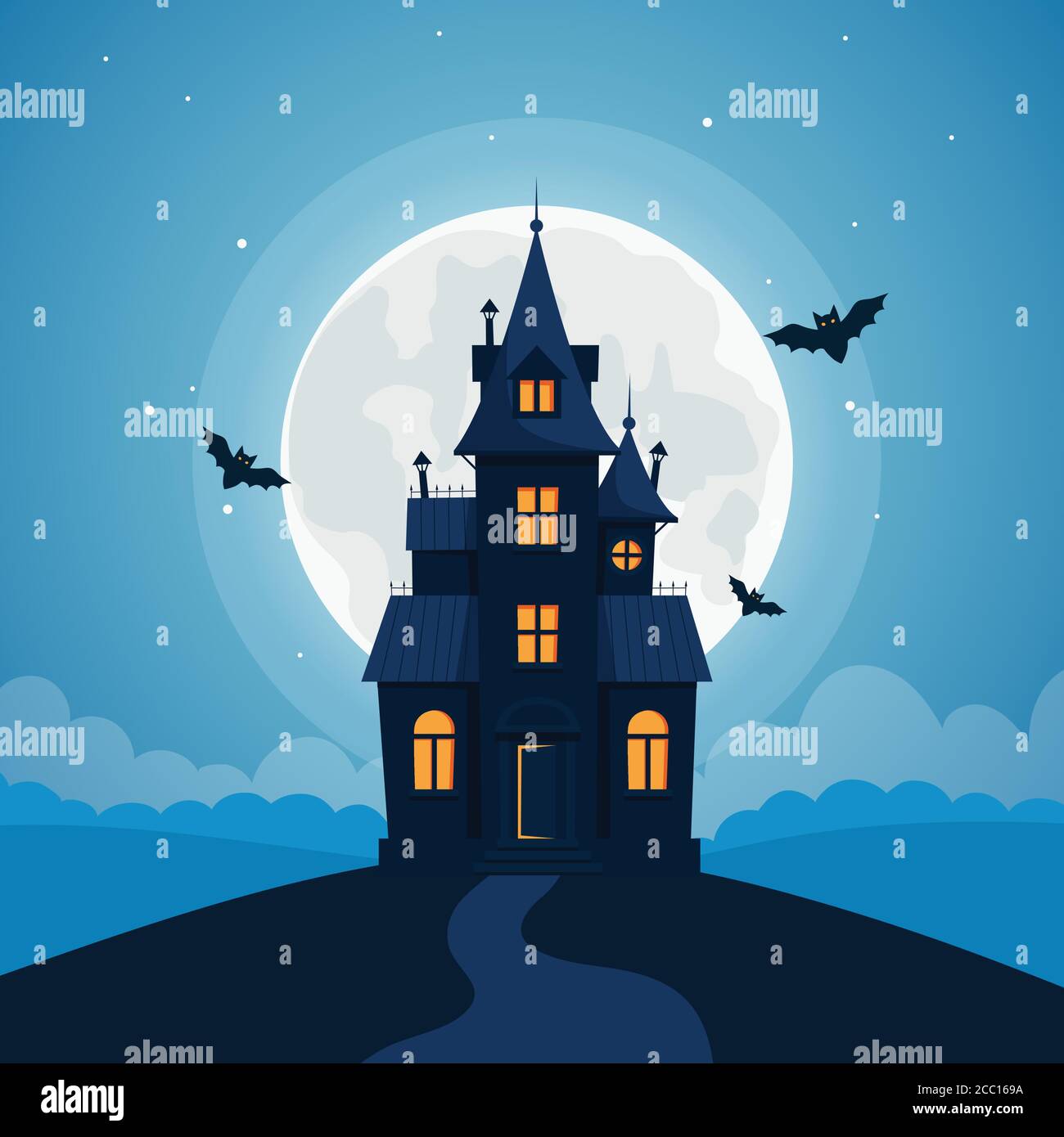 Arrière-plan d'Halloween avec maison hantée, pleine lune, citrouilles et arbres Illustration de Vecteur