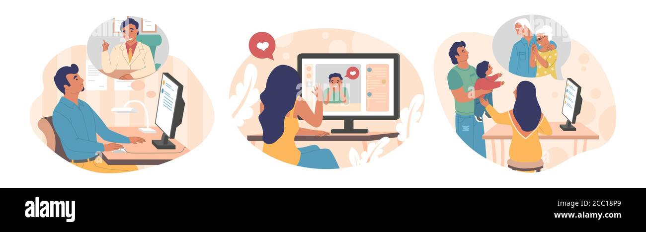 Personnes utilisant l'application de chat vidéo, illustration vectorielle isolée à plat Illustration de Vecteur