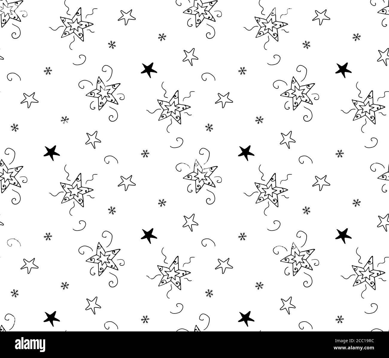 Étoiles, flocon de neige main dessin coloriage livre sans couture rare motif. Articles de Noël décoratifs noirs sur fond blanc. Lignes irrégulières Illustration de Vecteur