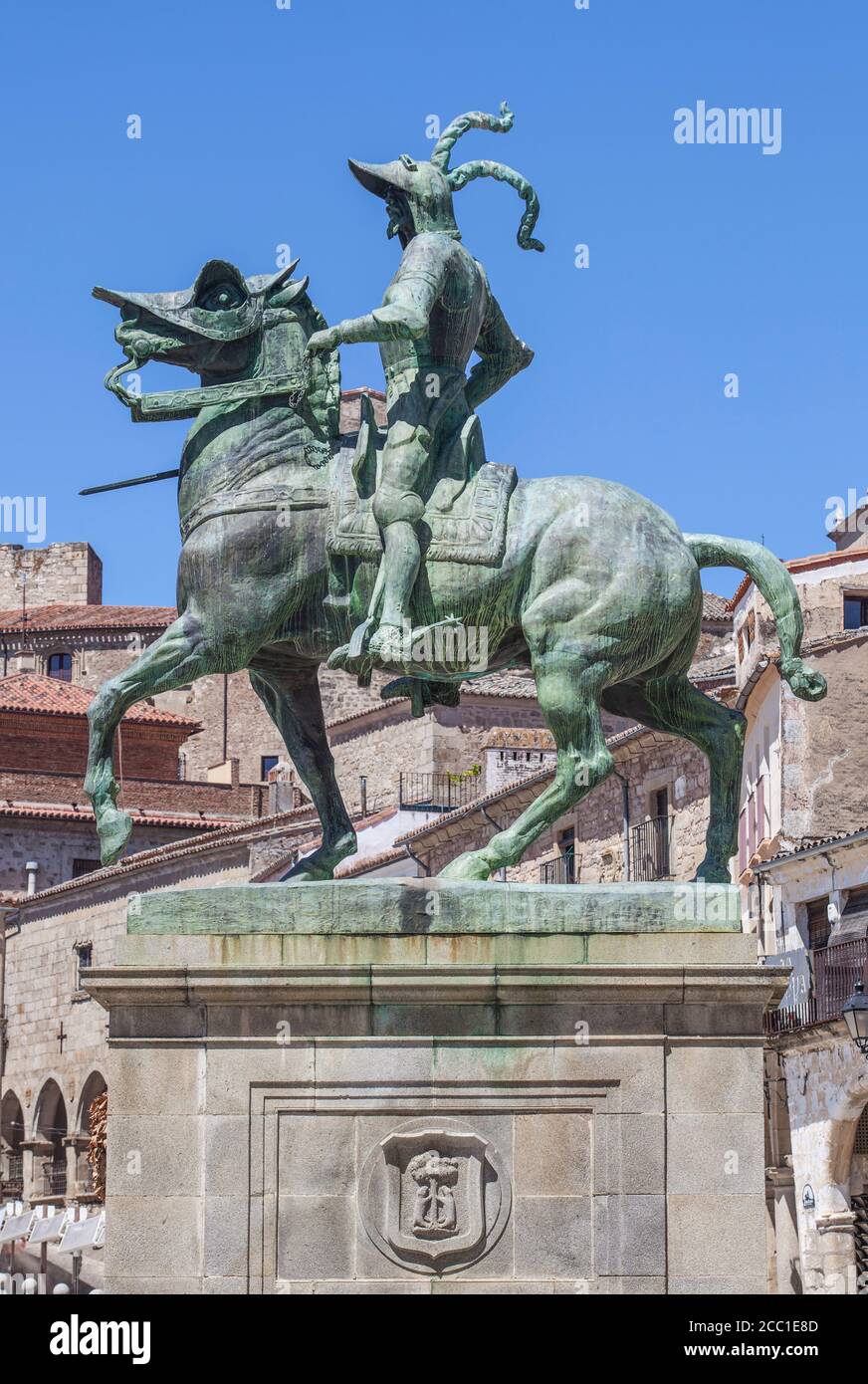 Statue équestre de Francisco Pizarro sur la Plaza Mayor de Trujillo, Espagne. Sculpté par Charles Cary Rumsey en 1928 Banque D'Images