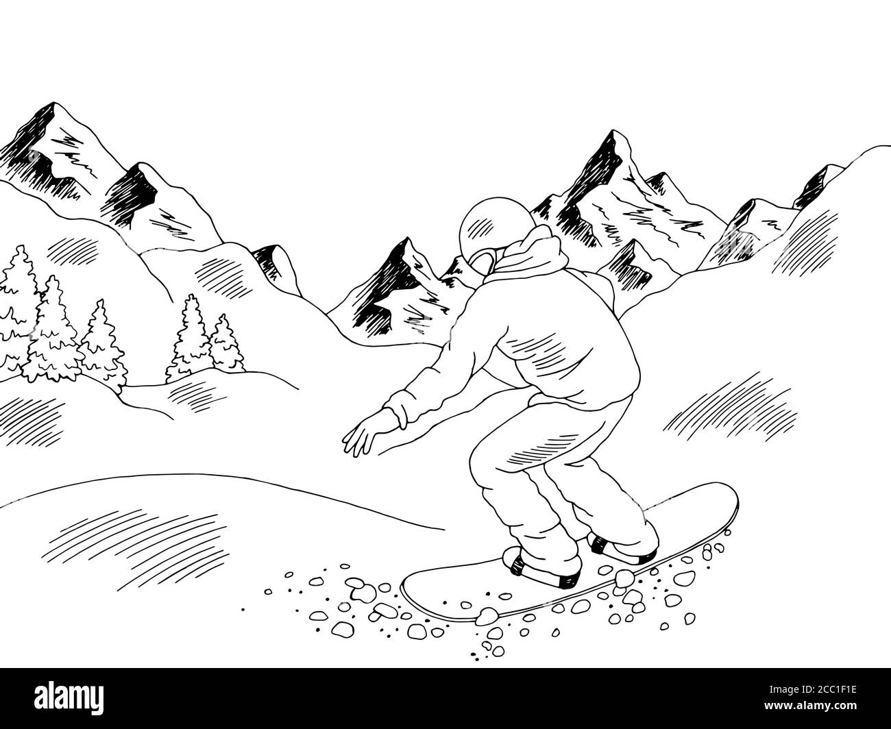 Snowboardeur en descente à la montagne graphique paysage noir blanc vecteur d'illustration d'esquisse Illustration de Vecteur