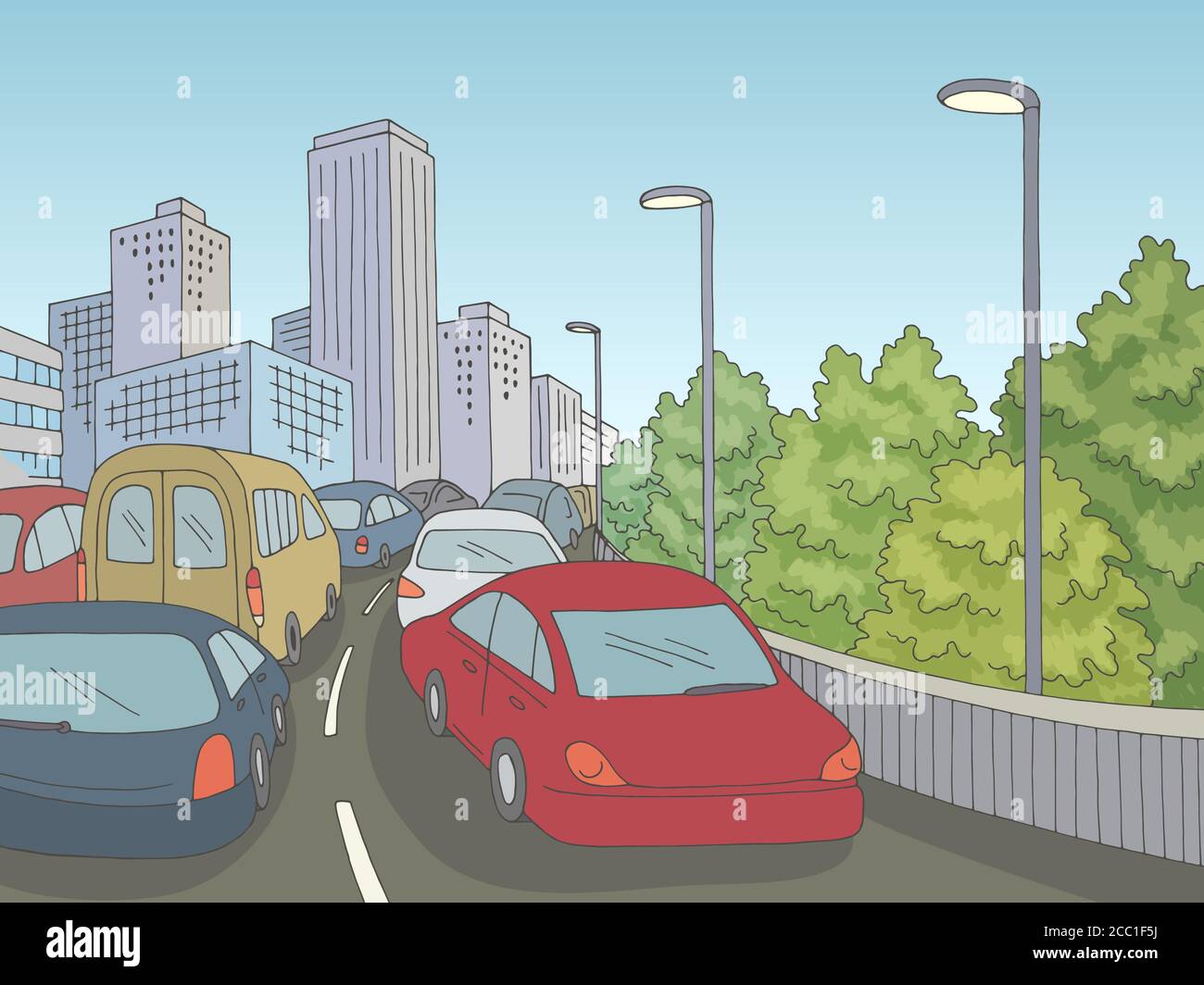 Embouteillage route graphique couleur ville paysage dessin illustration vecteur Illustration de Vecteur