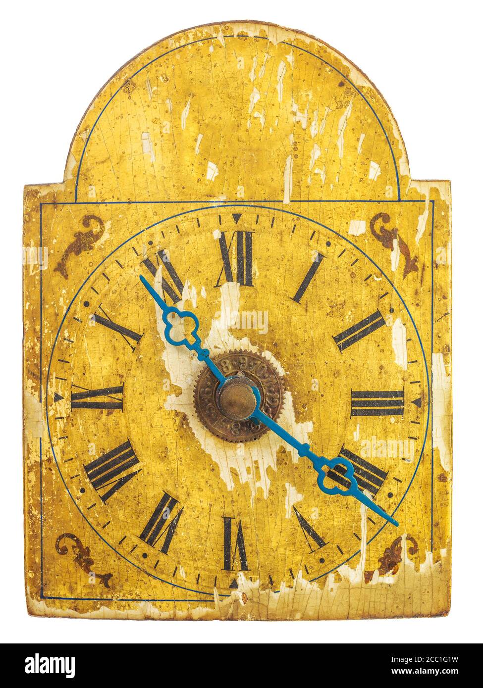 Horloge ornementale authentique du XVIIe siècle avec heure et minute bleues mains isolées sur fond blanc Banque D'Images