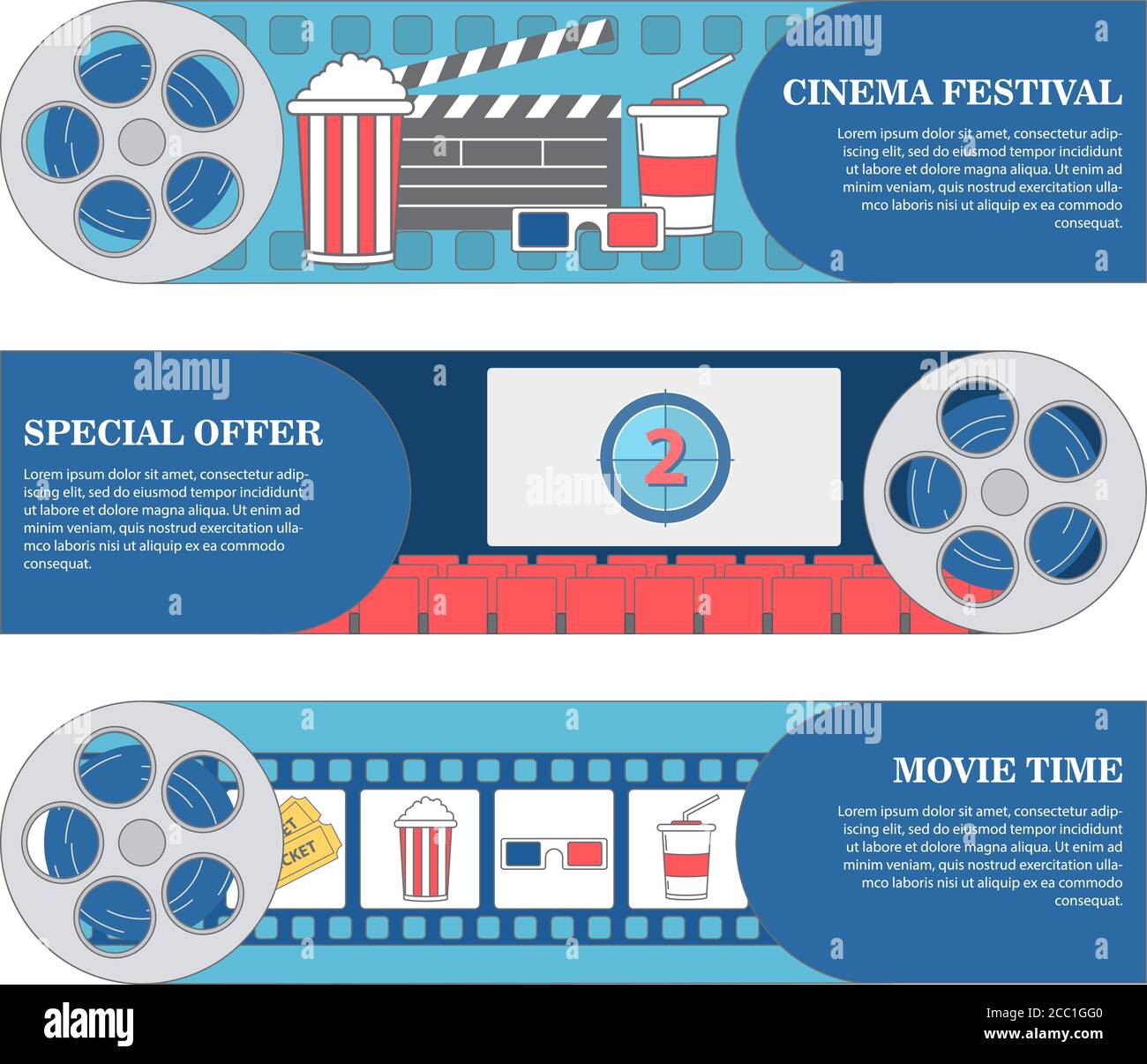Bannières horizontales du festival de cinéma. Ensemble vectoriel de bannières de cinéma. Modèle d'affiche de style plat Illustration de Vecteur