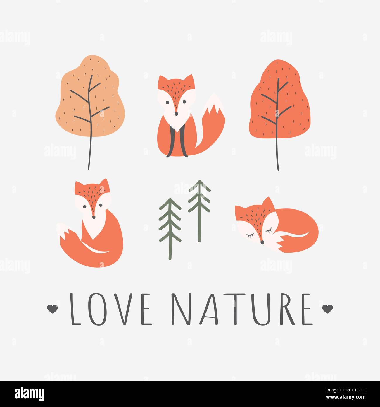T-shirt avec texte « love nature » à motif renards rouges. T-shirt modèle coloré avec joli personnage de dessin animé de renard, arbres et pin, et lettrage de texte, autum Illustration de Vecteur