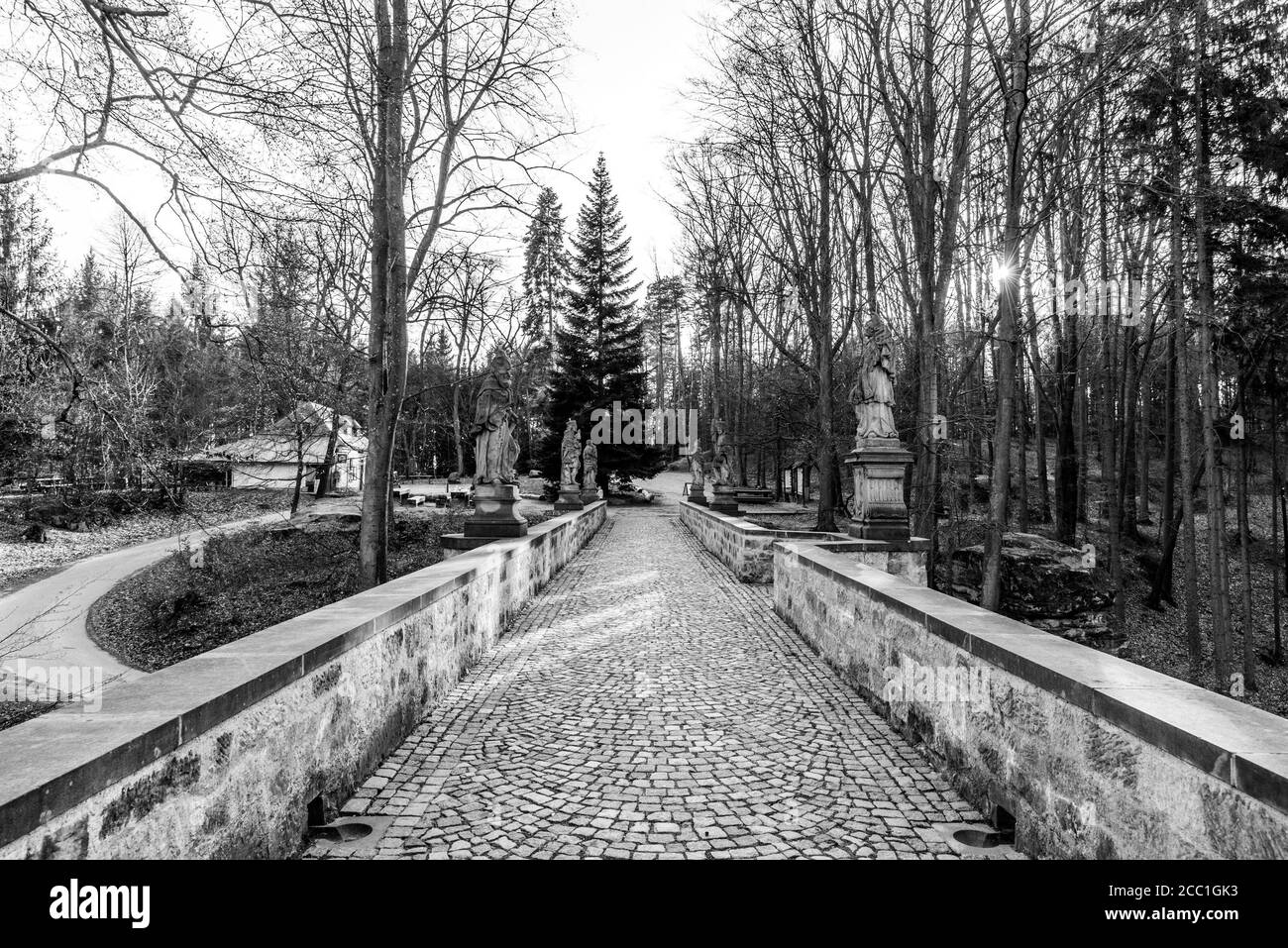 Pont d'entrée du château de Valdstejn dans le paradis de Bohême, République tchèque. Image en noir et blanc. Banque D'Images