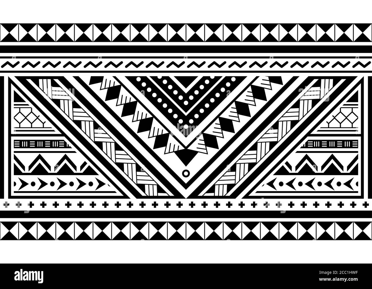 Motif géométrique polynésien sans couture vectoriel horizontal long, motif tribal hawaïen inspiré de l'art maori tatouage Illustration de Vecteur