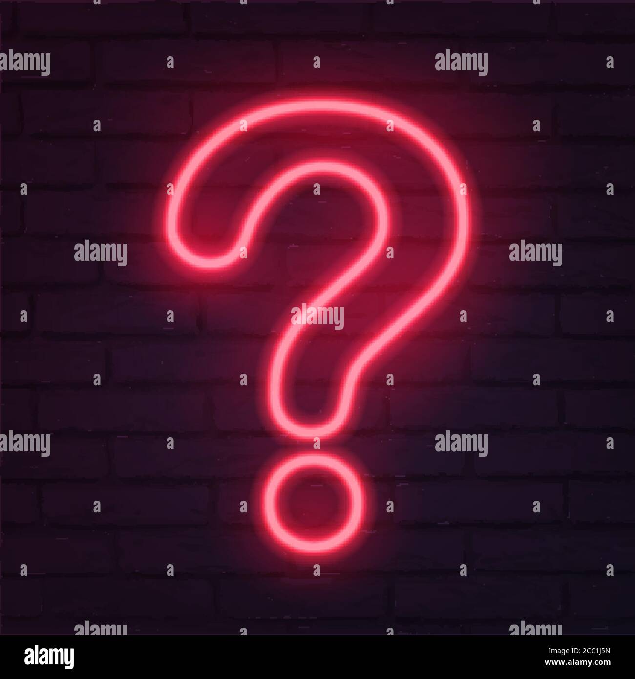 Point d'interrogation rouge néon sur le mur en brique sombre. Cinéma, spectacle, théâtre, cirque, création de casino. Signes intellectuels. Lampe à diode laser. Pointeur de soirée Illustration de Vecteur