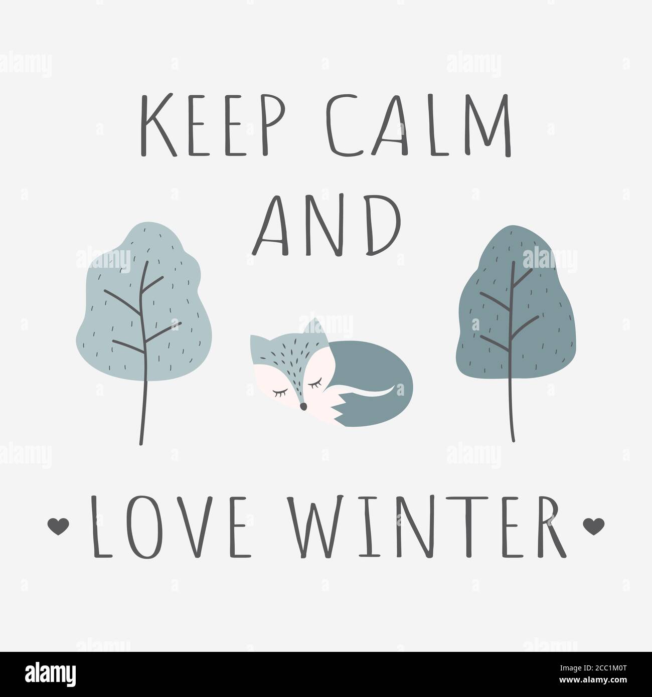 Arctic Fox avec texte Keep calm and love Winter. T-shirt modèle coloré avec joli personnage de dessin animé de renard endormi, texte et arbres en bleu. Illustration de Vecteur