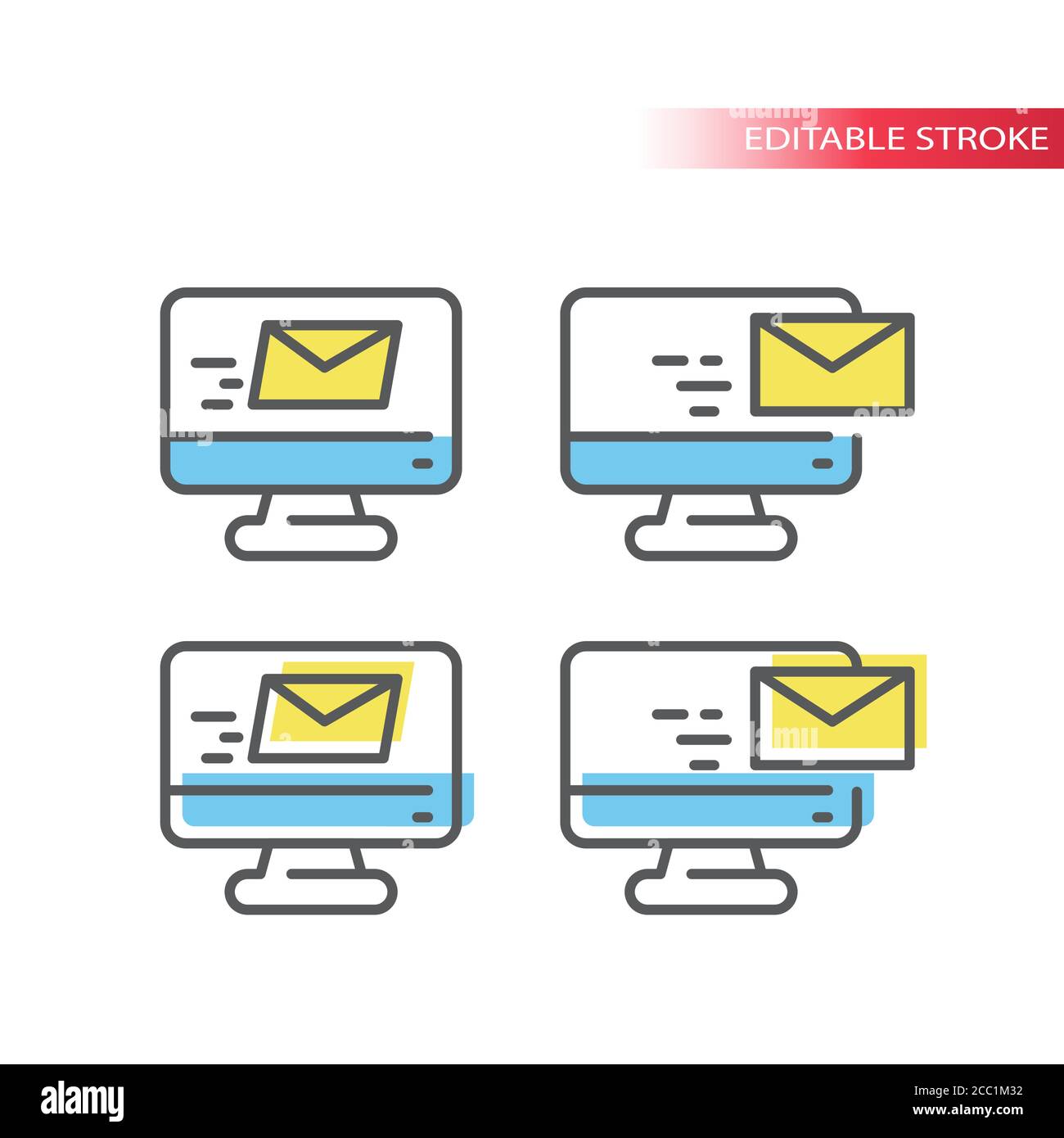 Écran d'ordinateur avec icône en forme de fine ligne de lettre. Symbole d'e-mail, écran avec enveloppe d'e-mail, contour avec fond coloré, contour modifiable. Illustration de Vecteur