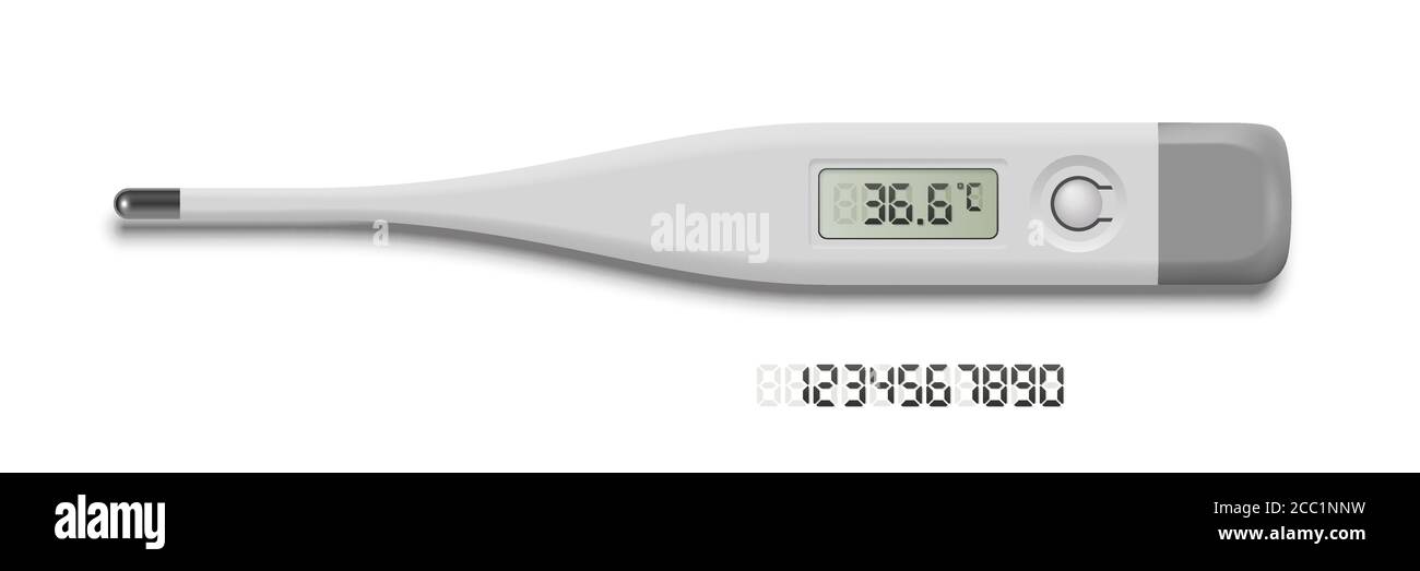 Thermomètre médical indiquant une température normale. Numéro numérique gris défini. Médecine et soins de santé. Examen, diagnostic et stratégie de traitement Illustration de Vecteur