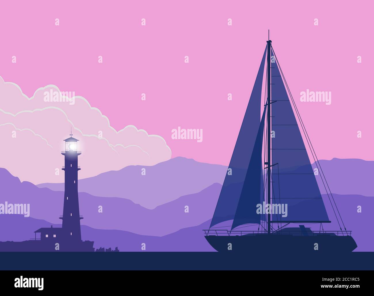 Yacht à voile au coucher du soleil. Paysage avec yacht de luxe et grand phare sur le fond de la montagne. Illustration vectorielle. Illustration de Vecteur