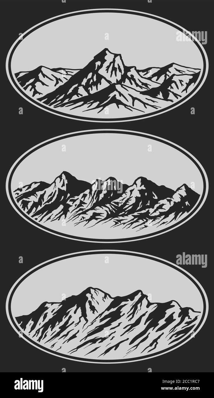 Ensemble de silhouettes de la gamme Mountain. Illustrations vectorielles tracées à la main avec espace de copie. Style gravé. Illustration de Vecteur