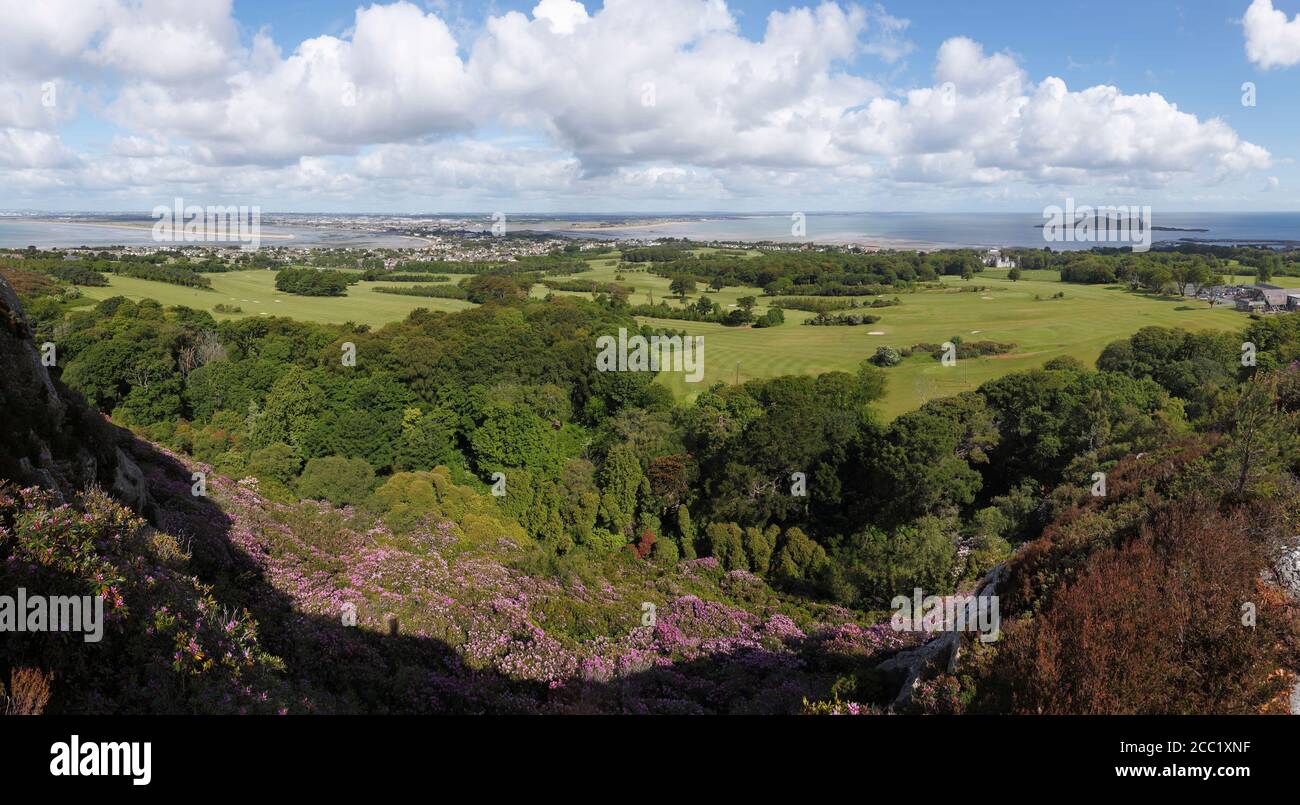 L'Irlande, Leinster, County Fingal, vue de rhododendron gardens avec terrain de golf Banque D'Images