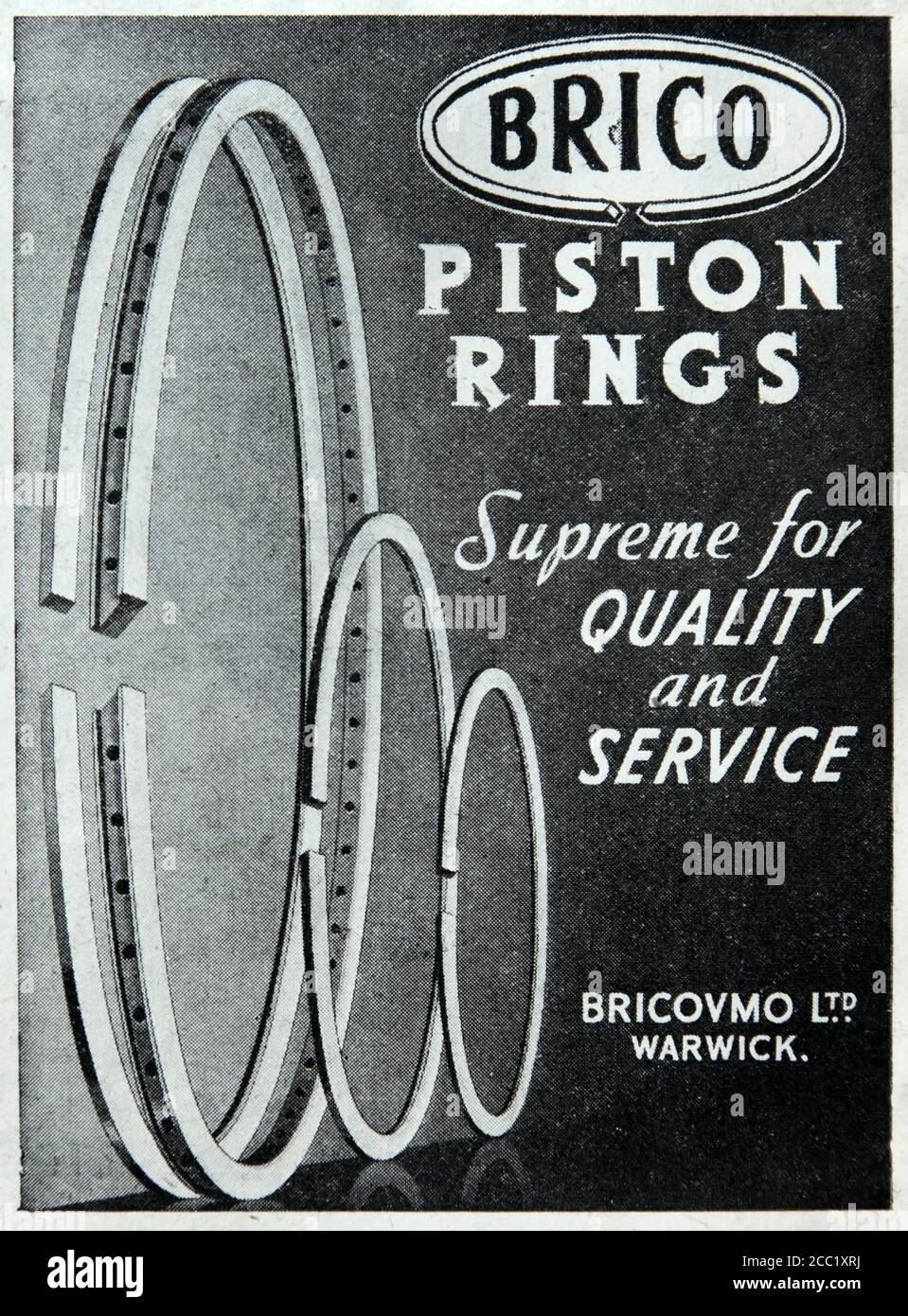 Publicité vintage 1942 pour les segments de piston Brico britanniques utilisés dans l'industrie aéronautique. Banque D'Images