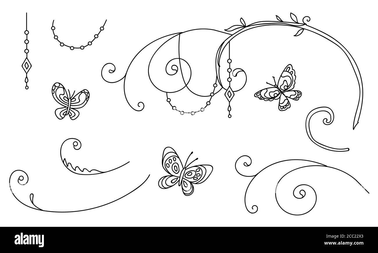Ensemble botanique avec papillon d'art en ligne dessiné à la main et vignettes décoratives. Illustration vectorielle monochrome modèle floral pour invitation de mariage, végétalien Illustration de Vecteur