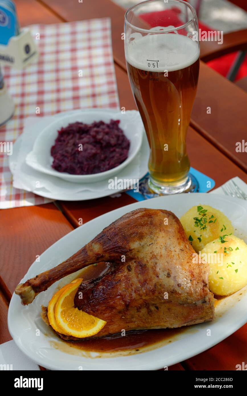 L'Allemagne, la Bavière, la plaque de verre de bière avec de la viande, Banque D'Images